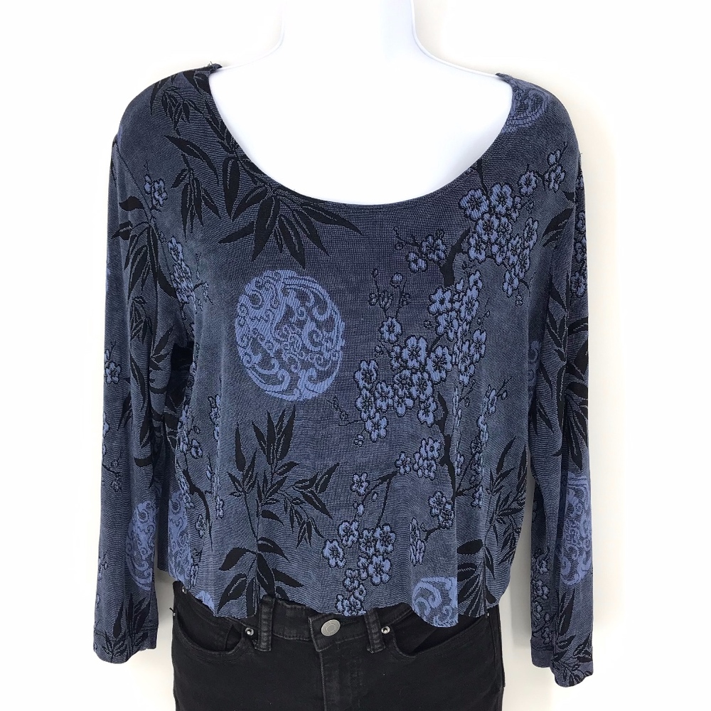 Deep Blue and Black Asian Print Crop Top